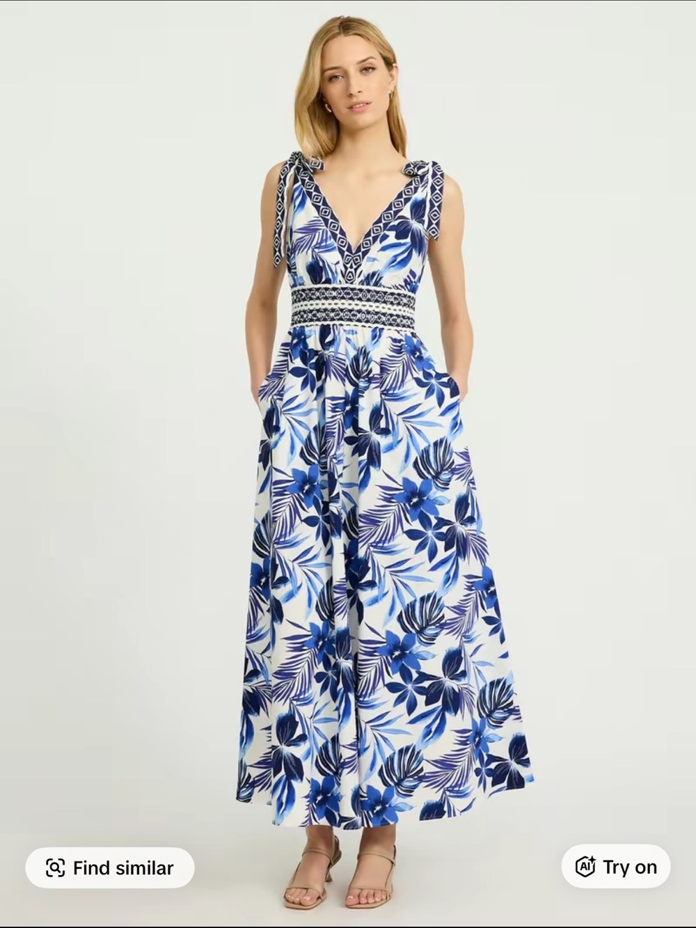 Used once Express Blue & White Floral Tie-Shoulder Maxi Dress